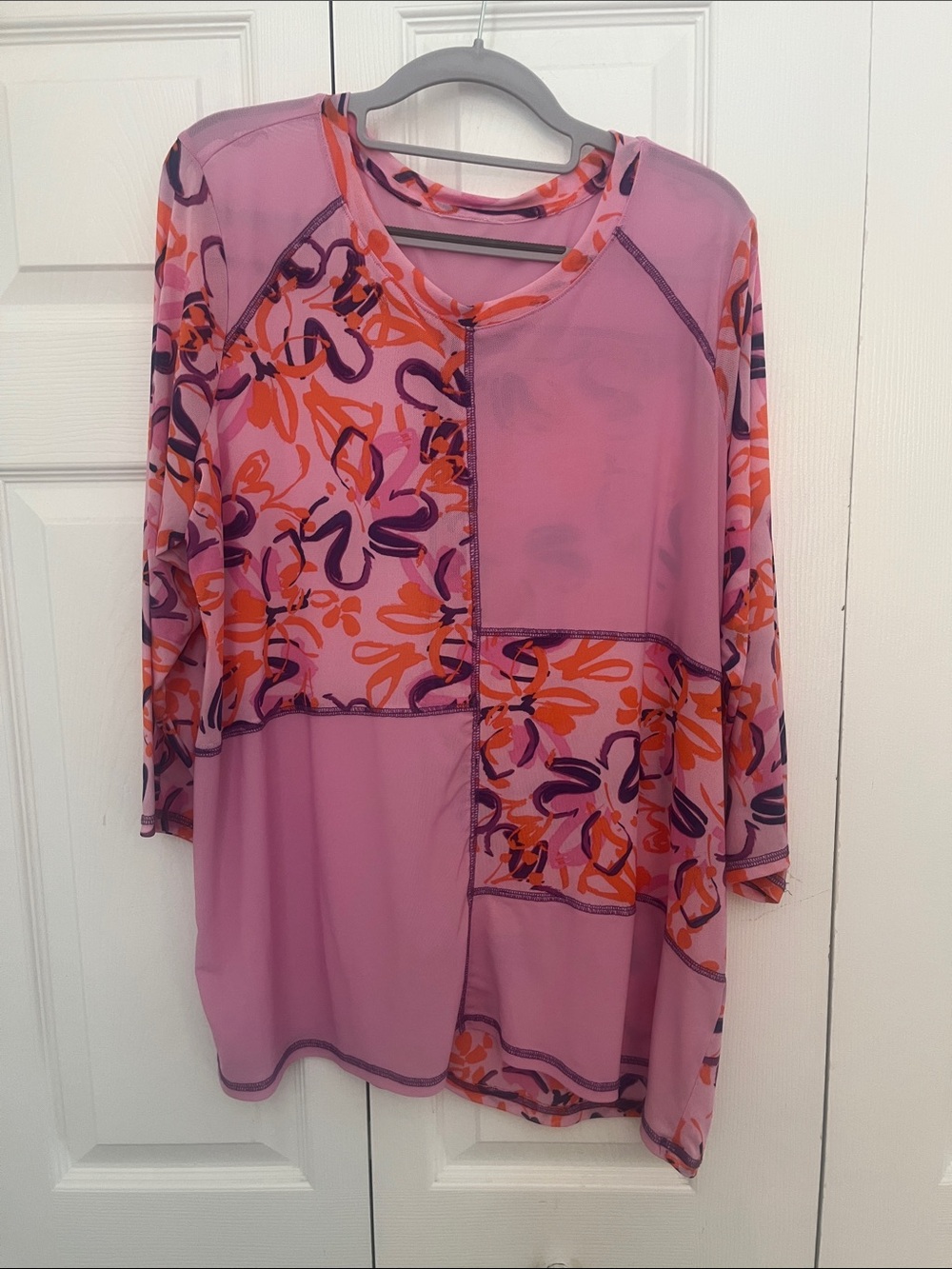 LOGO by Lori Goldstein Pink Patchwork mesh Floral 3/4 Sleeve Tunic